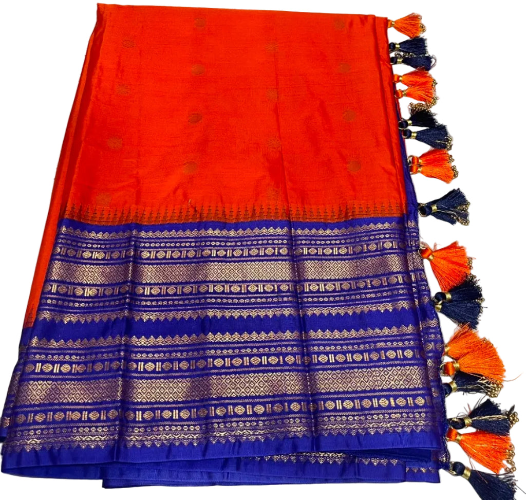 Gadwal pattu with ready-to-wear pico faul with Stitched blouse and tassel