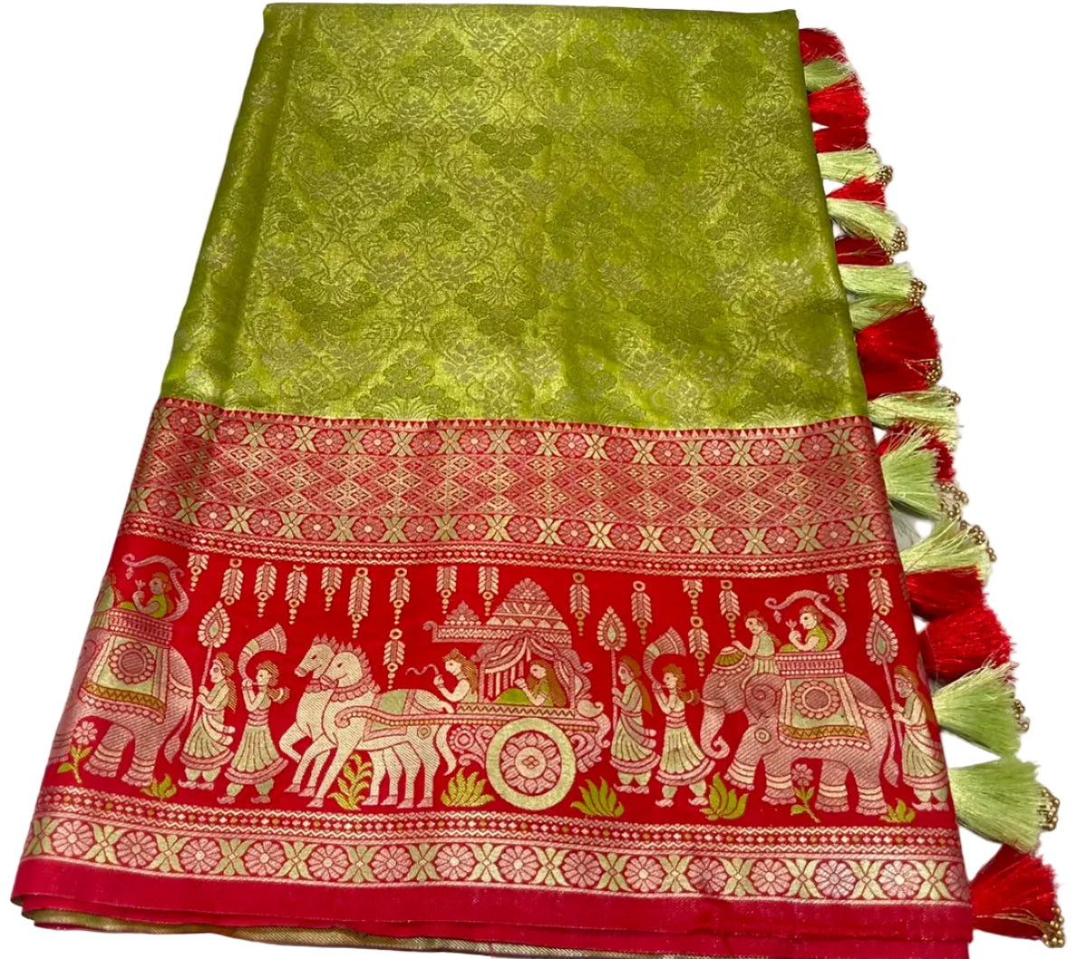 Pick & Pick Kangivaram saree with ready-to-wear pico faul with blouse stitching and tassel.