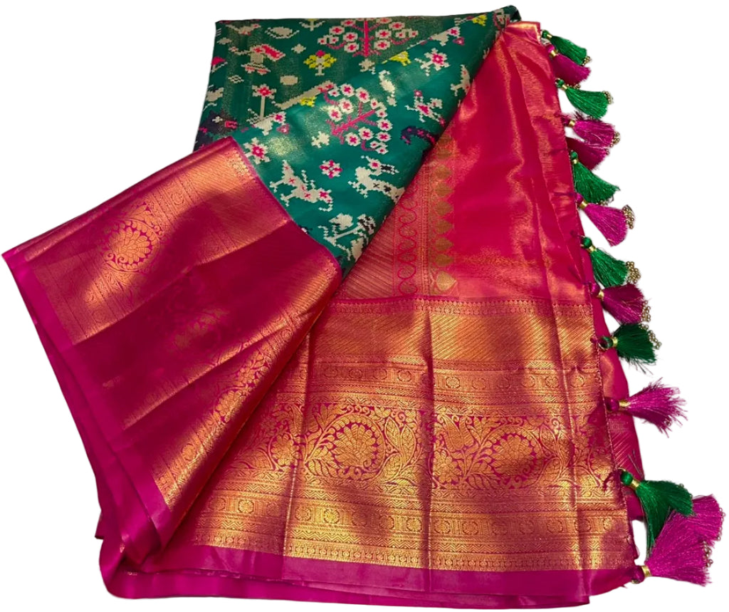 Patola tissue saree with ready-to-wear pico faul and Stiched blouse with tassel