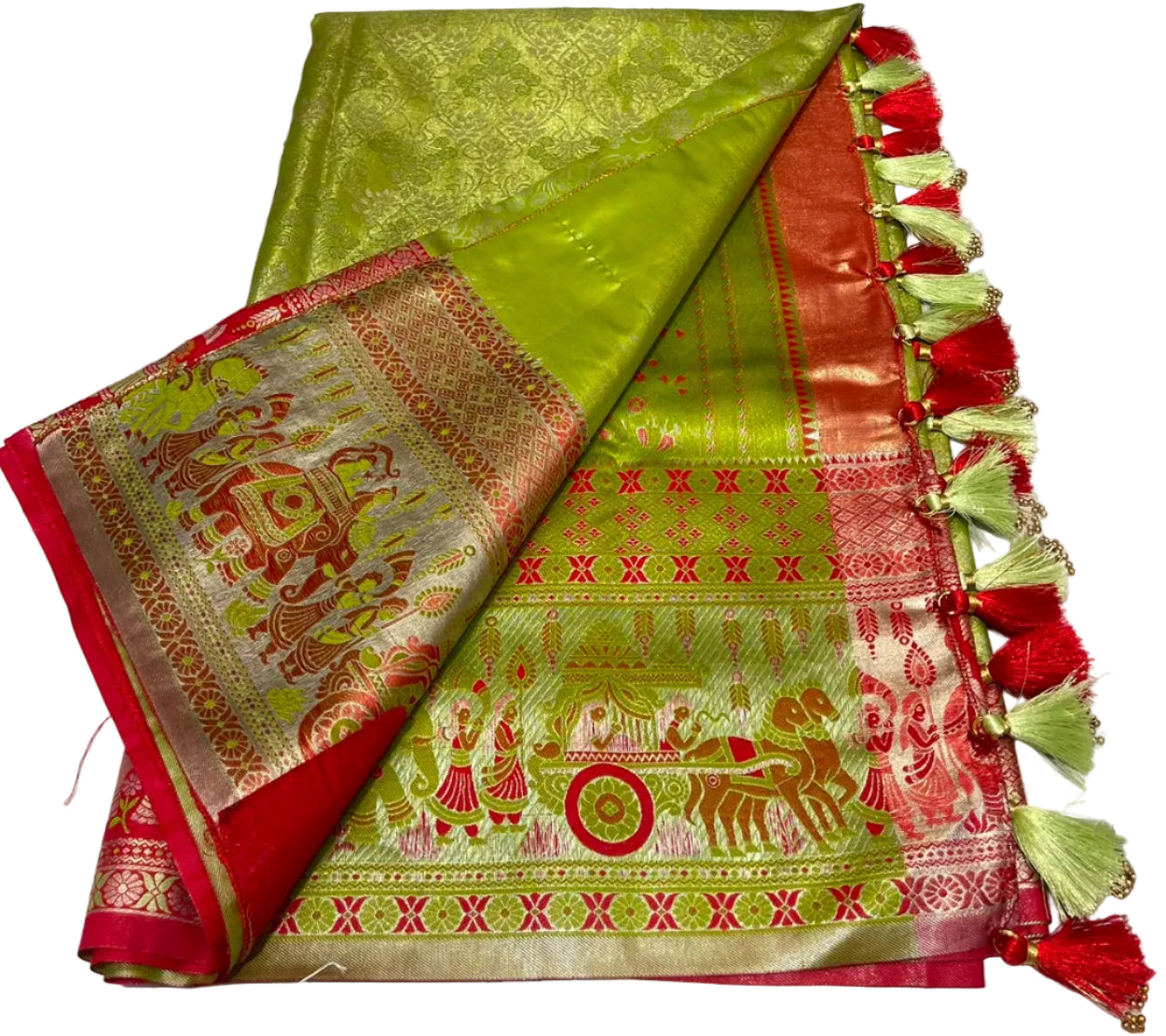 Pick & Pick Kangivaram saree with ready-to-wear pico faul with blouse stitching and tassel.