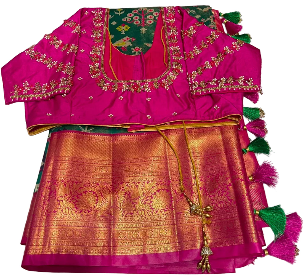 Patola tissue saree with ready-to-wear pico faul and Stiched blouse with tassel