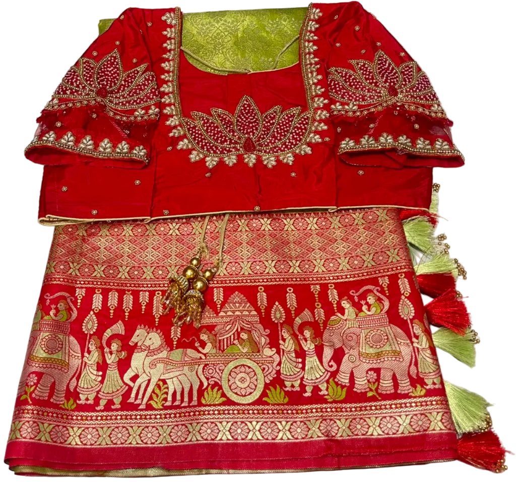 Pick & Pick Kangivaram saree with ready-to-wear pico faul with blouse stitching and tassel.