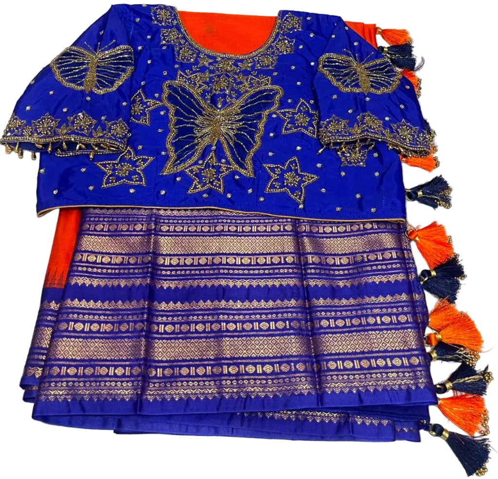 Gadwal pattu with ready-to-wear pico faul with Stitched blouse and tassel