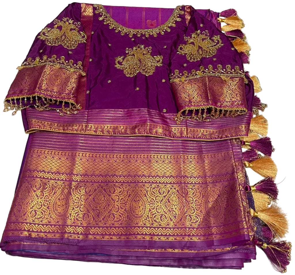 Kangivaram saree with ready-to-wear pico faul with blouse stitching and tassel.