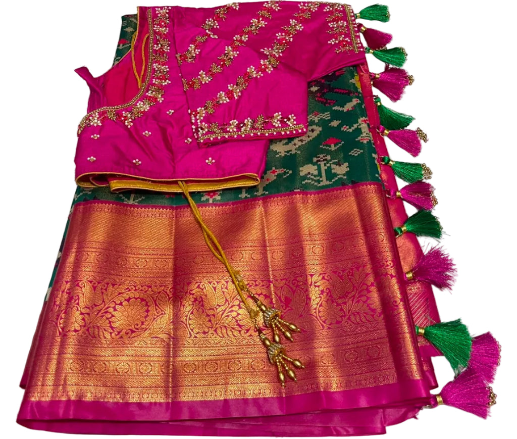 Patola tissue saree with ready-to-wear pico faul and Stiched blouse with tassel
