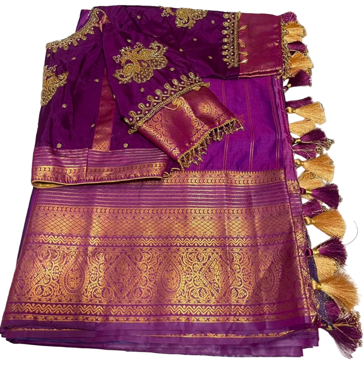 Kangivaram saree with ready-to-wear pico faul with blouse stitching and tassel.