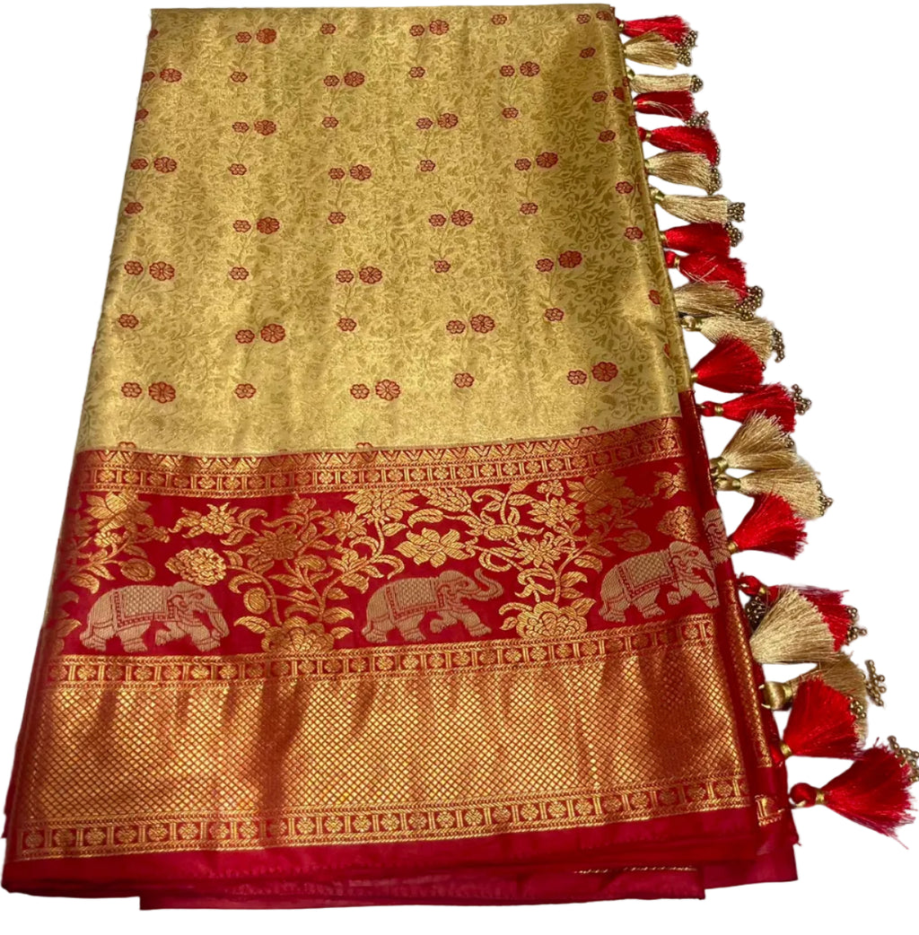 Kangivaram saree with ready to wear pico faul with blouse stitching and tassel