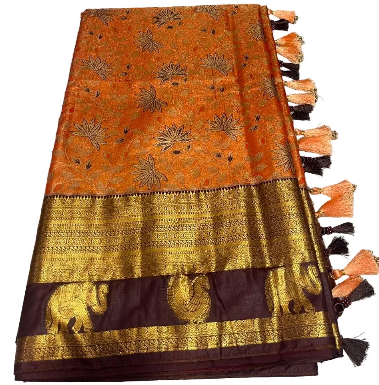 Kangivaram saree with ready-to-wear pico faul with blouse stitching and tassel
