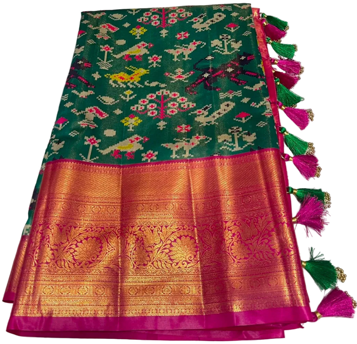 Patola tissue saree with ready-to-wear pico faul and Stiched blouse with tassel