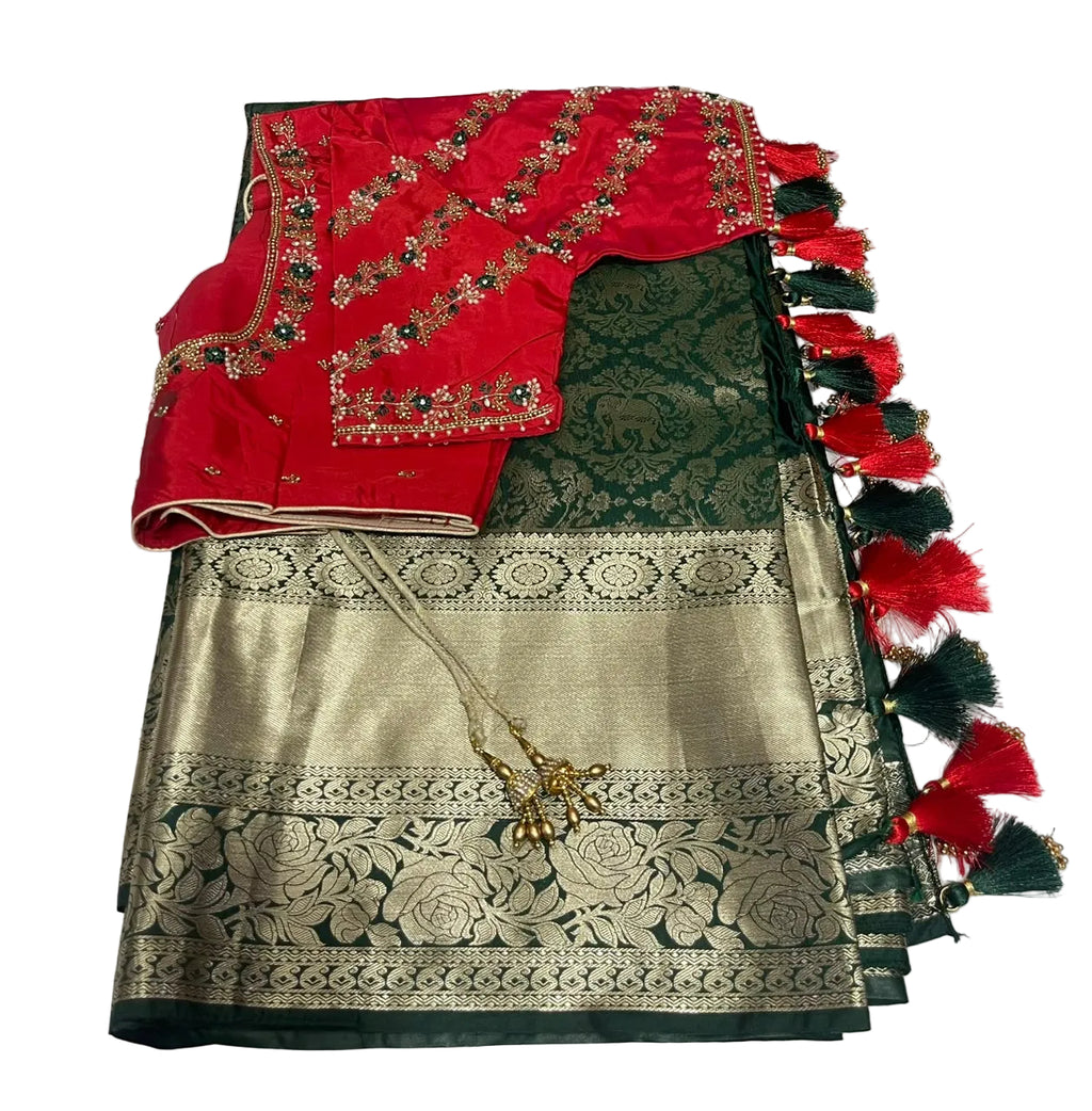 Lightweight pattu saree with ready-to-wear pico faul with Stitched blouse and tassel