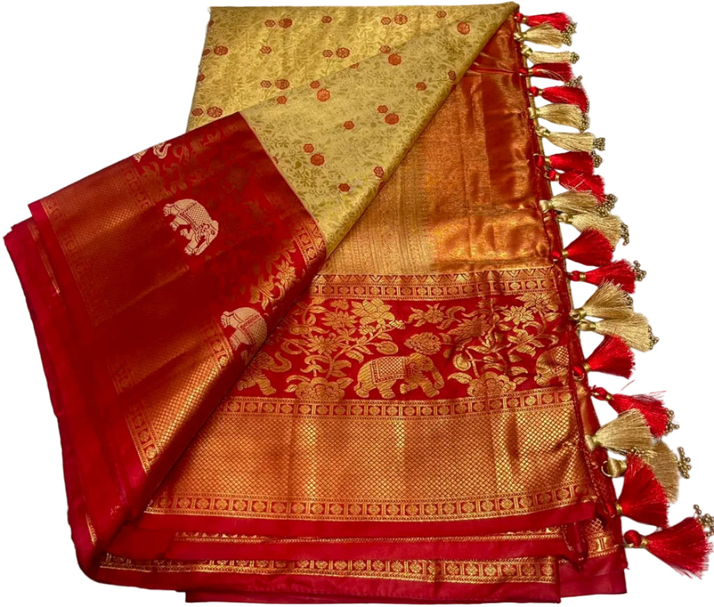 Kangivaram saree with ready to wear pico faul with blouse stitching and tassel