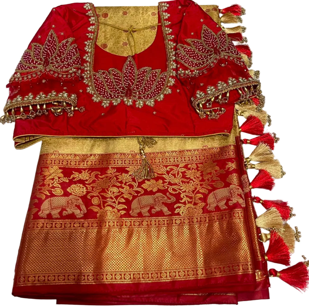 Kangivaram saree with ready to wear pico faul with blouse stitching and tassel