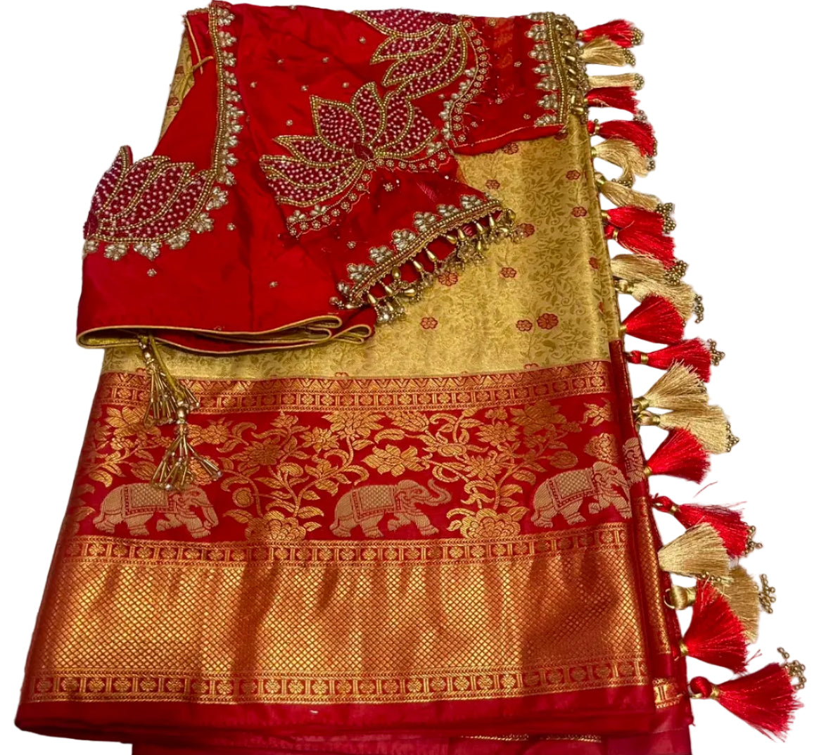 Kangivaram saree with ready to wear pico faul with blouse stitching and tassel