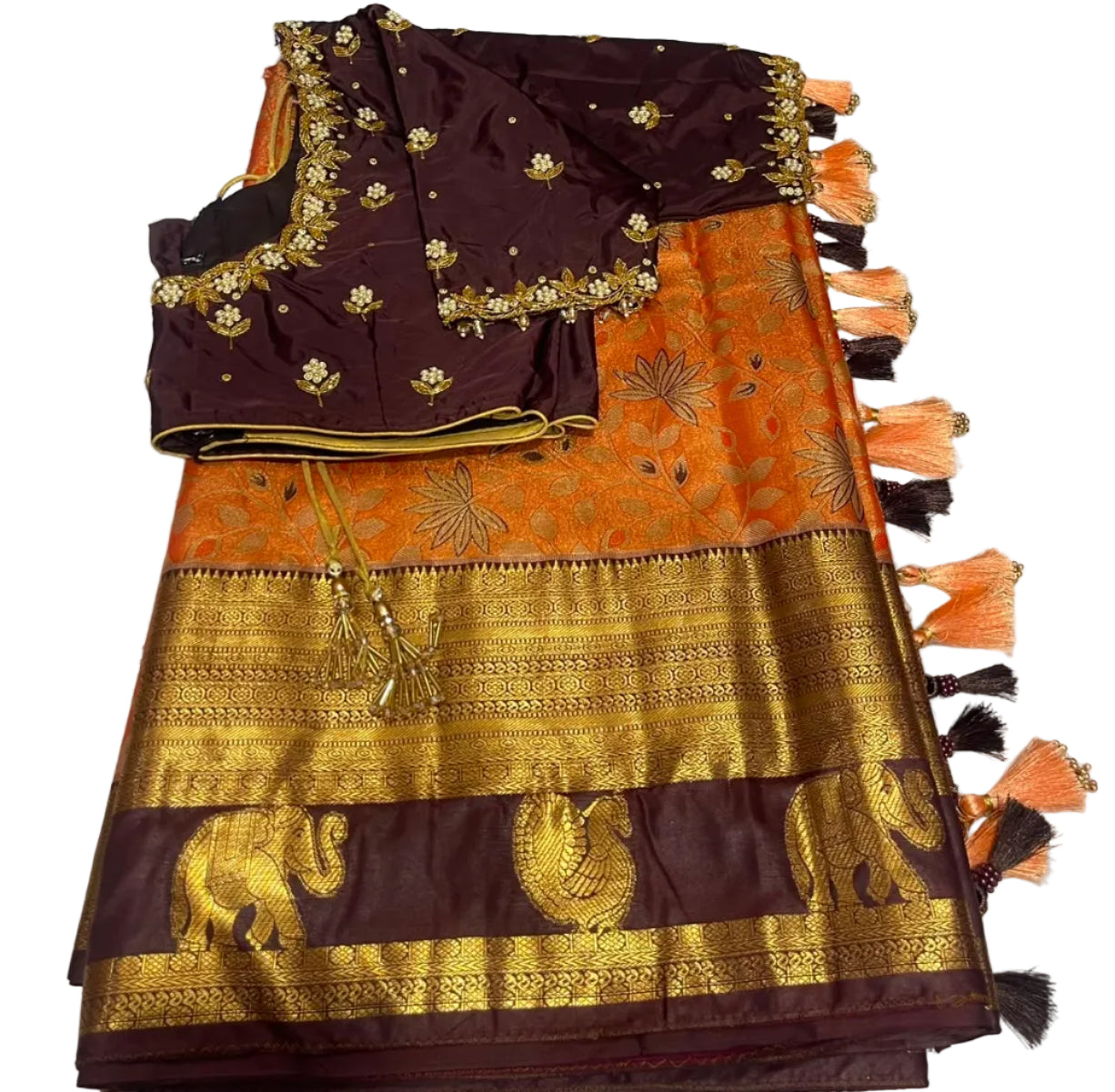 Kangivaram saree with ready-to-wear pico faul with blouse stitching and tassel