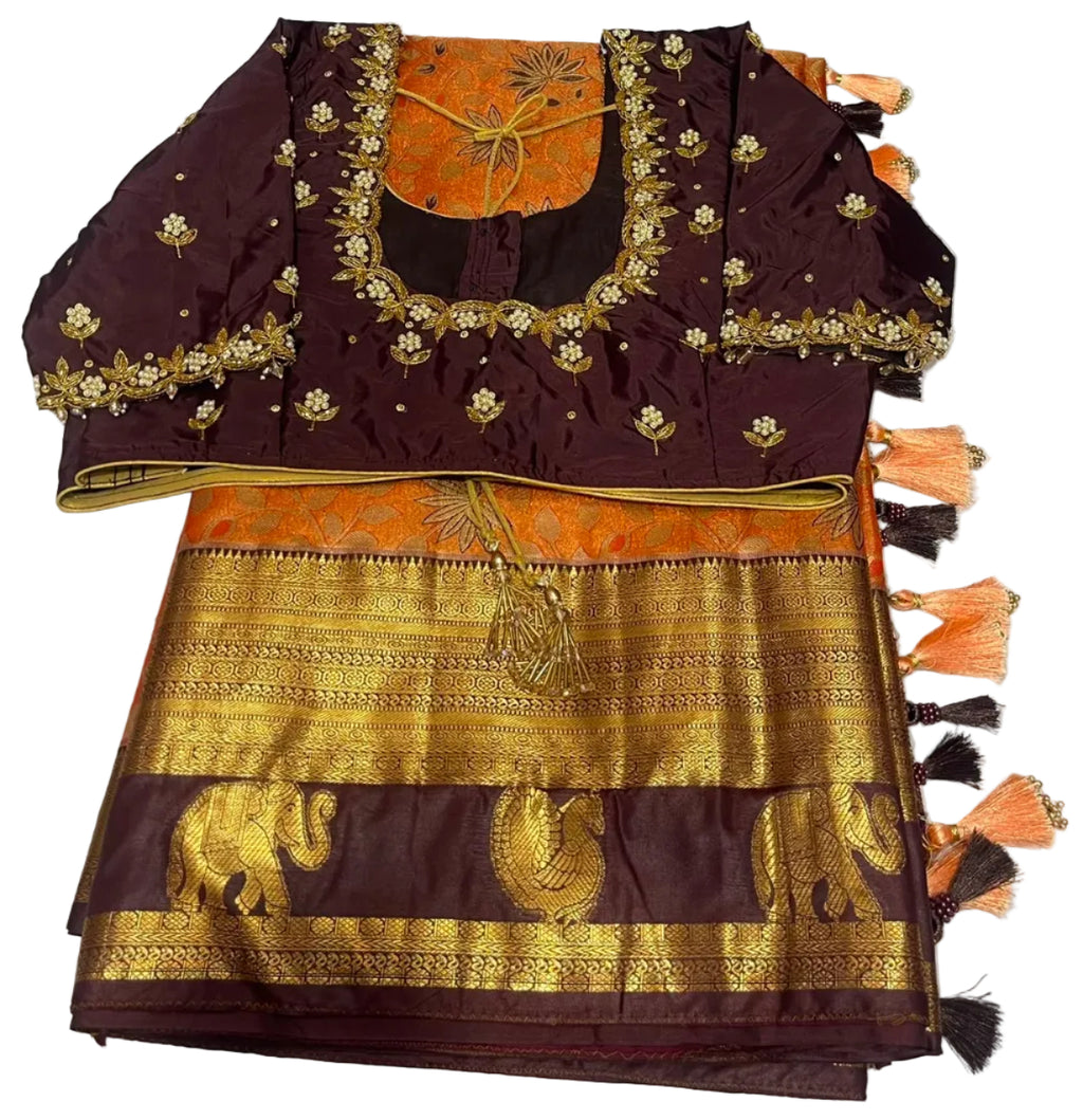 Kangivaram saree with ready-to-wear pico faul with blouse stitching and tassel